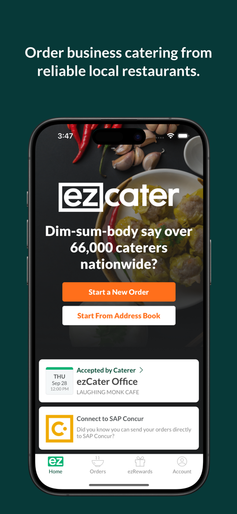 ezCater - Business Catering - Pantalla de inicio de la aplicación móvil ezCater que muestra opciones para iniciar un nuevo pedido y conectarse a SAP Concur para el catering empresarial