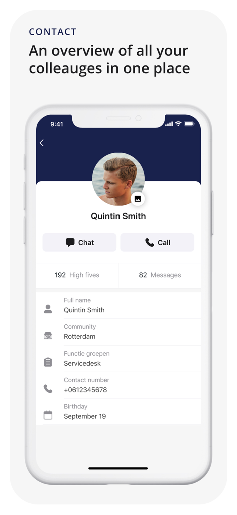 Oneteam app interface showing an individual employee profile with contact details and chat options.