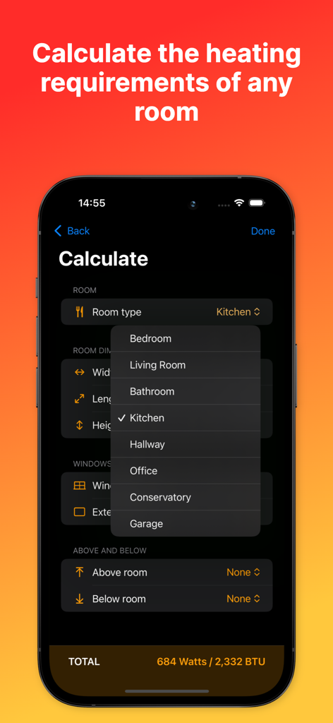 Radiator Calculator Pro app interface showing a dropdown menu to select room type for heating calculation