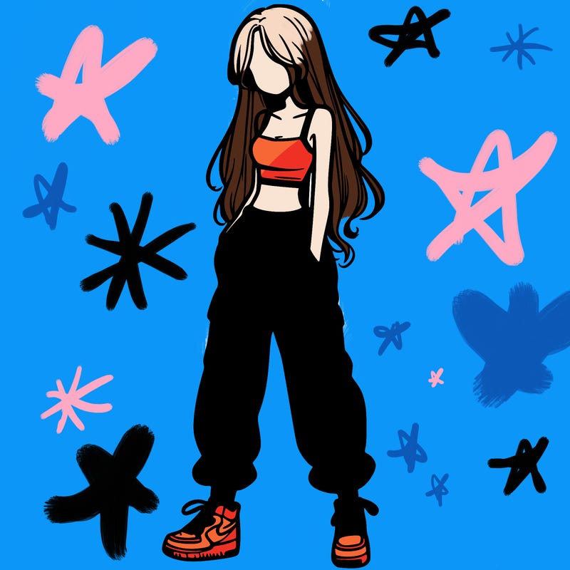 girl in baggy pants crop top and long hair