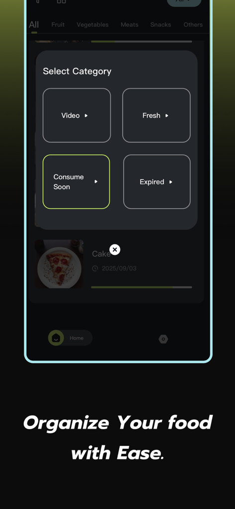 Mobile app interface of VidBite-FreshSync showing categories for food freshness including Fresh, Consume Soon, and Expired