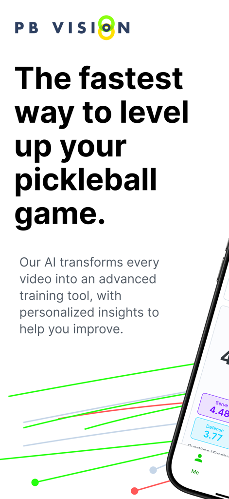Schermata principale dell'app PB Vision che evidenzia il coaching di pickleball potenziato dall'AI e gli insight sulle prestazioni personalizzati.