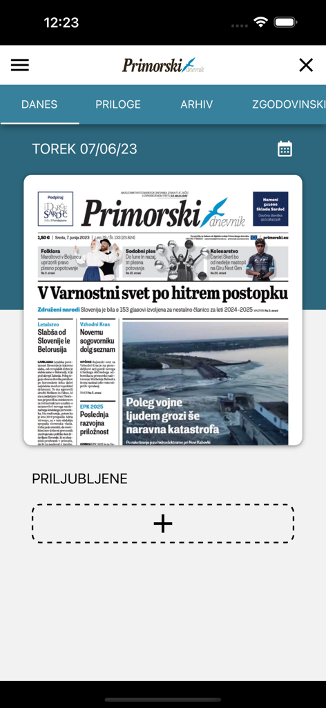 Primorski - Interfaccia dell'app mobile Primorski che visualizza una replica digitale della copertina del quotidiano sloveno