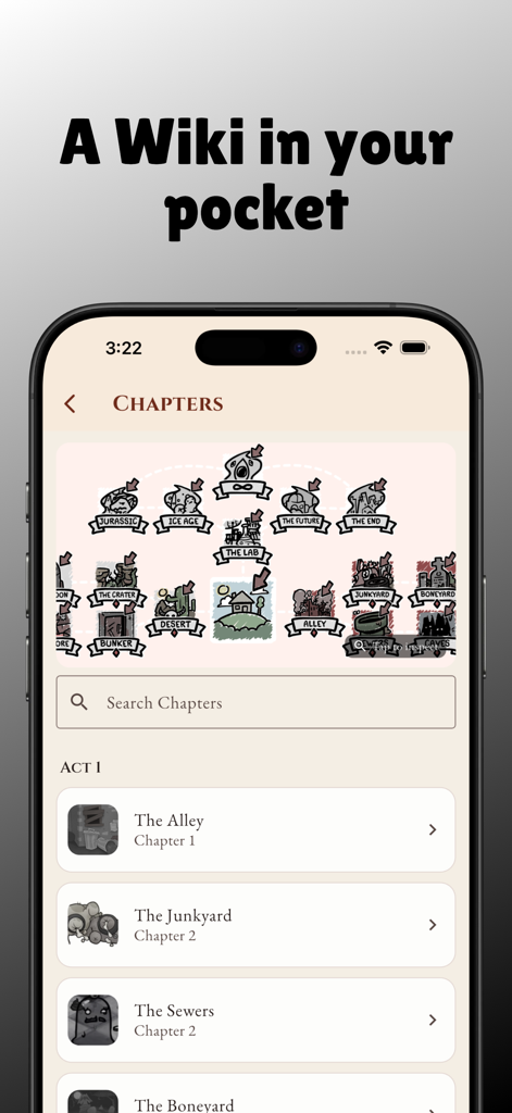 Guide for Mewgenics - 게임 위치 지도와 액트 목록을 보여주는 뮤제닉스 가이드 모바일 앱 챕터 화면