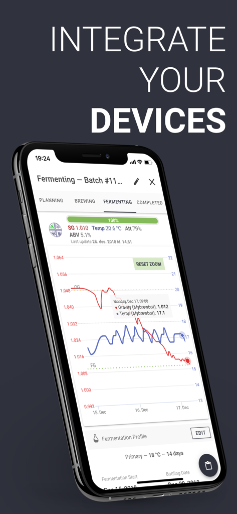 Brewfather - Brewfather mobile app showing a detailed fermentation chart with gravity and temperature data integrated from external devices