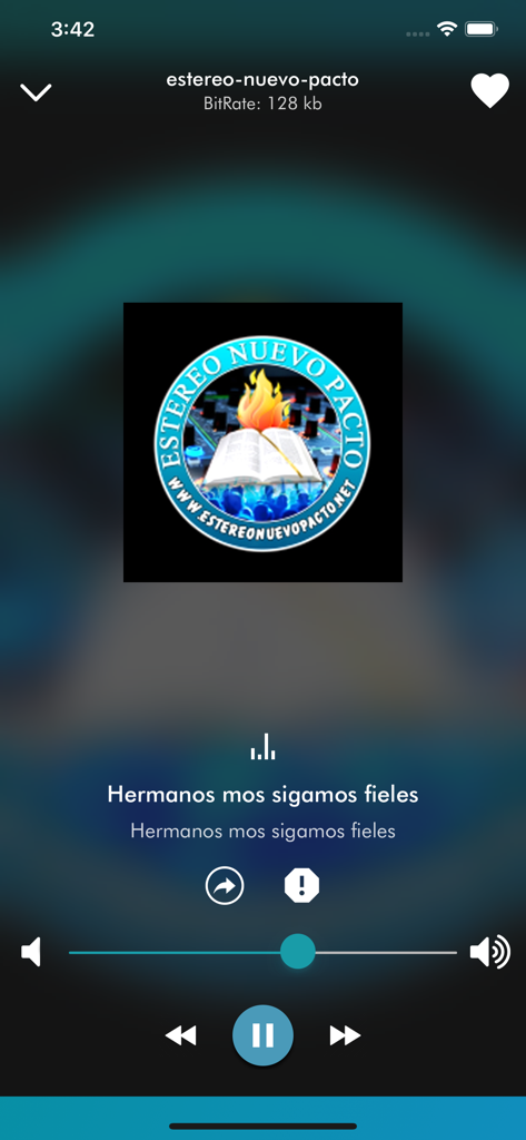 Music player interface of the Musica Cristiana Radio app playing Estereo Nuevo Pacto station.