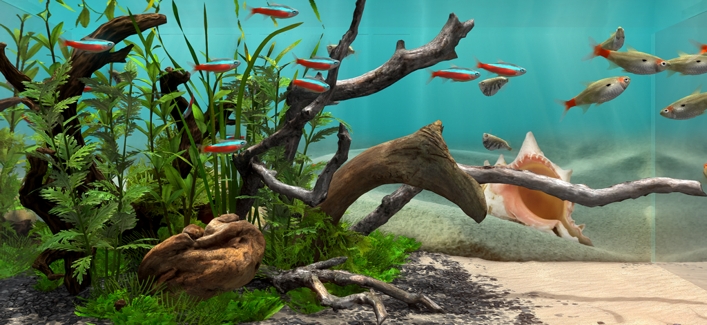 Detailed 3D virtual aquarium featuring neon tetras and realistic underwater decorations