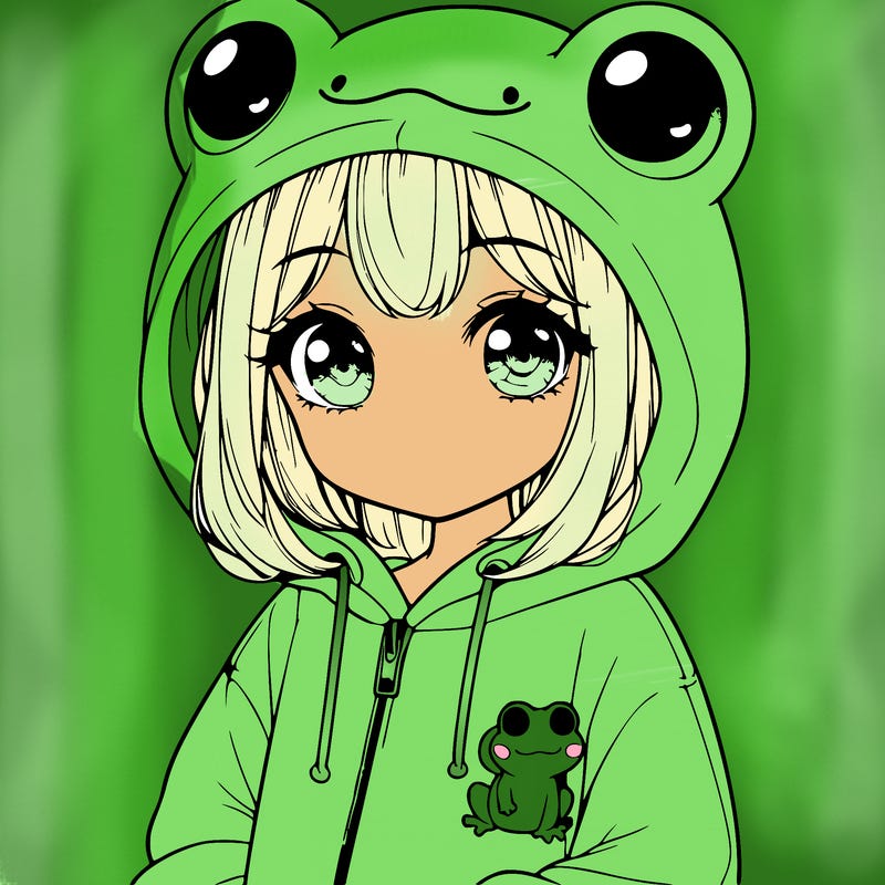 cute realistic girl in a froggy hoodie