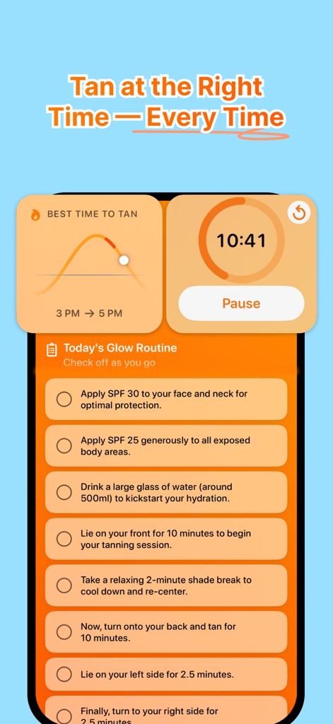 Sunkiss AI - Tan & UV Tracker - Sunkiss AI app interface showing a step-by-step tanning routine checklist and countdown timer