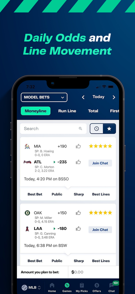 BetQL - Sports Betting - BetQL app interface showing daily sports betting odds and 5 star value ratings for MLB matchups