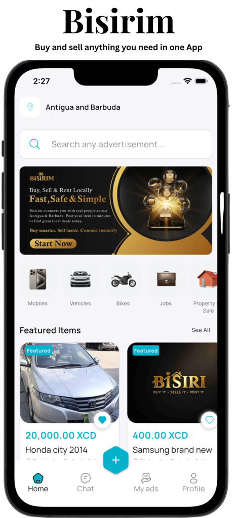 Bisirim - Home screen of the Bisirim app showing a local marketplace for buying and selling various items and services