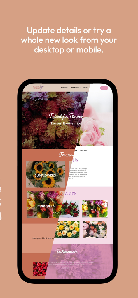 n8: Create. Sell. Refresh. - Smartphone zeigt eine Floristen-Website mit einem geteilten Bildschirm, der zwei verschiedene Design-Themes zeigt