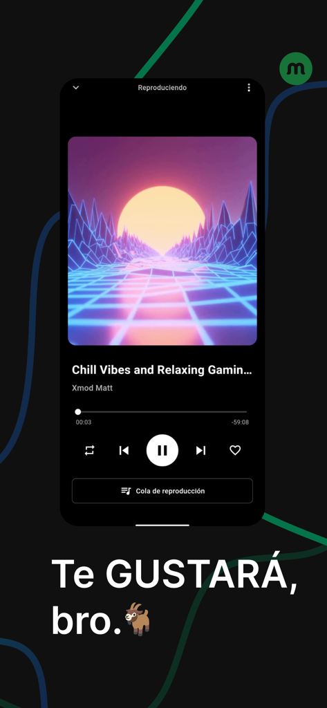 Meulify: Reproductor de música - Meulifyミュージックプレイヤーのインターフェース。シンセウェイブのカバーアートとミニマルな再生コントロールで曲が表示されています。
