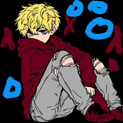 a male hoddie ripped jeans messy hair anime
