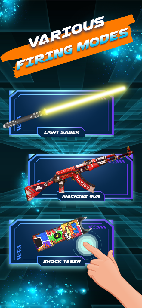 Interface showing various weapon firing modes including light saber machine gun and shock taser
