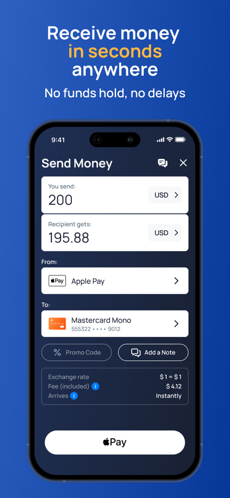 Fin.do: Instant Money Anywhere - Fin.do app interface showing an instant money transfer using Apple Pay
