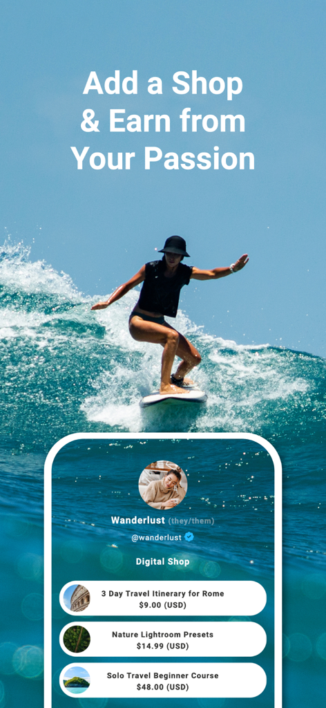 Lnk.Bio - Link in bio - Lnk Bio app interface showing a digital shop for content creators with listed travel products