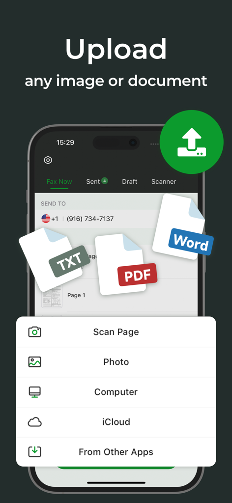 Interface showing how to upload PDF and Word documents for faxing from an iPhone