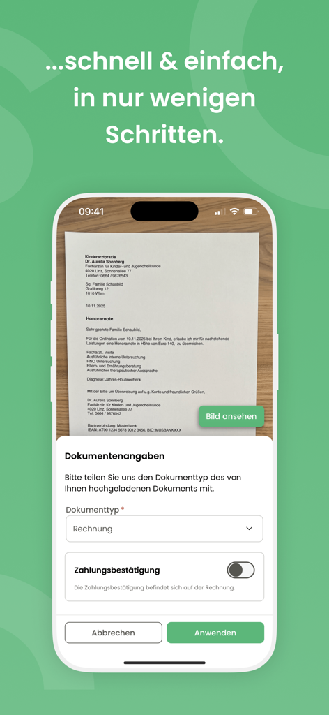 A mobile phone screen showing the svsGO app scanning a medical invoice with options to specify the document type and payment status.