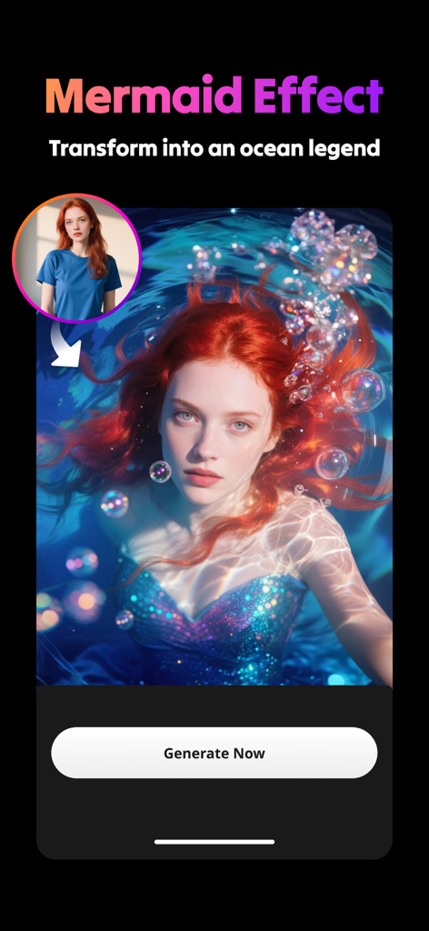 Una comparación de antes y después mostrando a una mujer transformada en una sirena usando el filtro de efecto de sirena de SelfyzAI