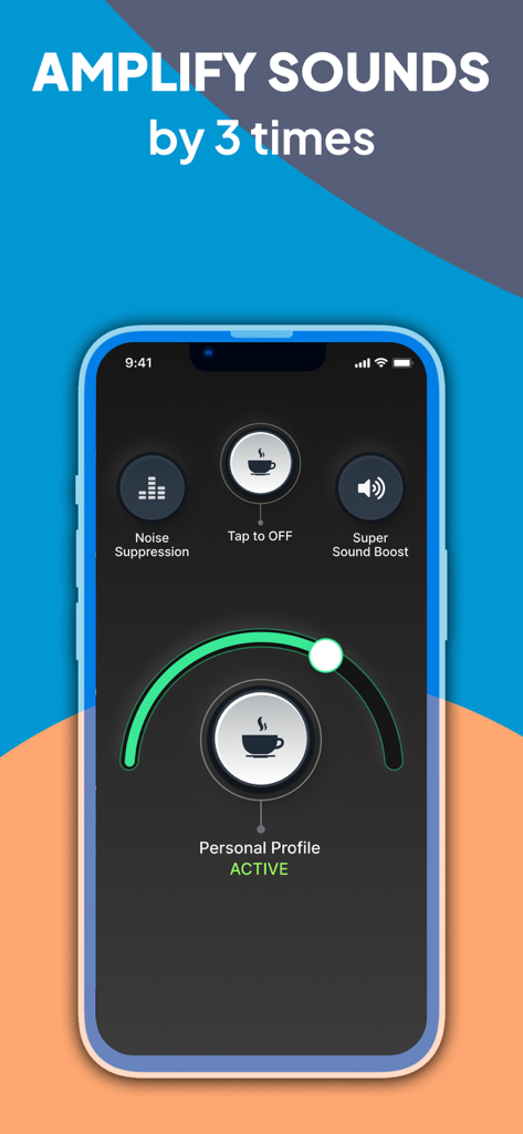 LISTENING DEVICE - HEARING AID - A smartphone displaying a sound amplification app with volume controls and noise suppression settings