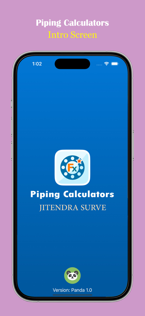 Piping Calculators - Intro screen of the Piping Calculators mobile app showing the splash page with logo and developer name