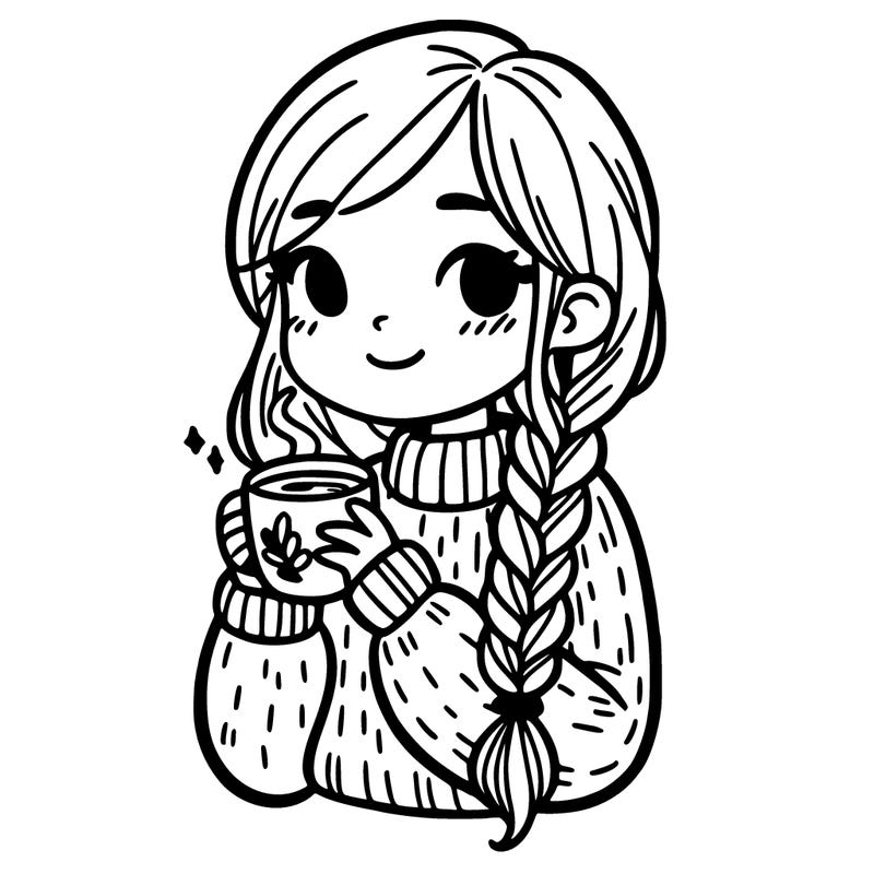 girl holding coffee mug in a sweater with braided hair