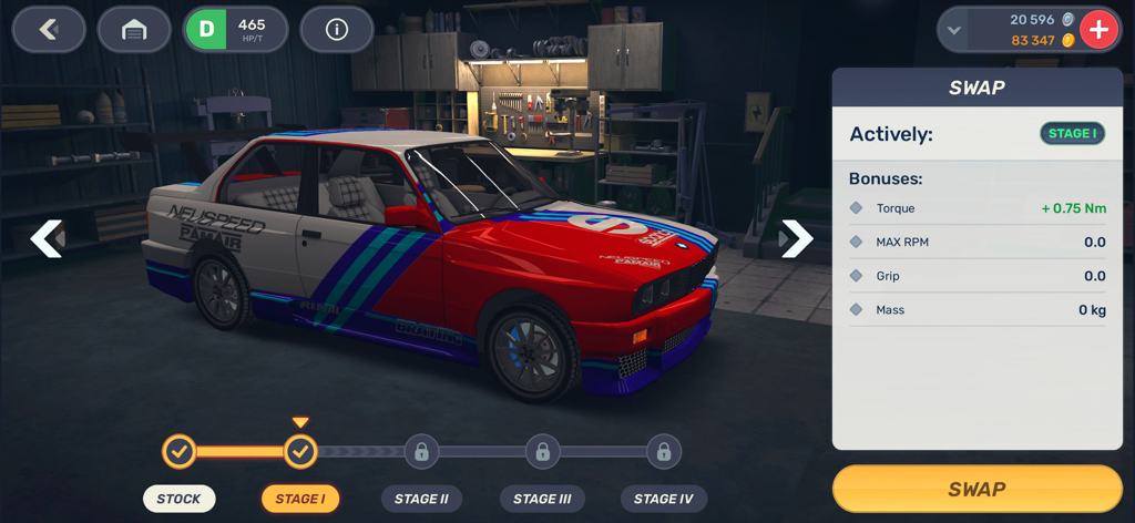Drag Racing 3D: Streets 2 - Car tuning and engine swap menu in Drag Racing 3D Streets 2 showing a customized racing car in a garage.