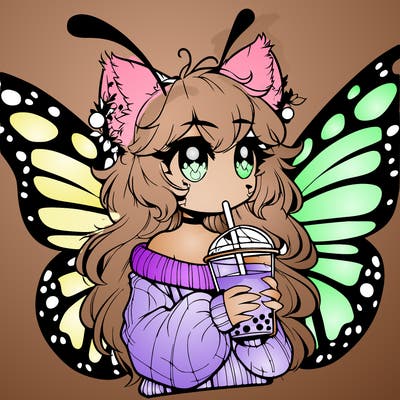 a realistic butterfly/furry girl drinking boba