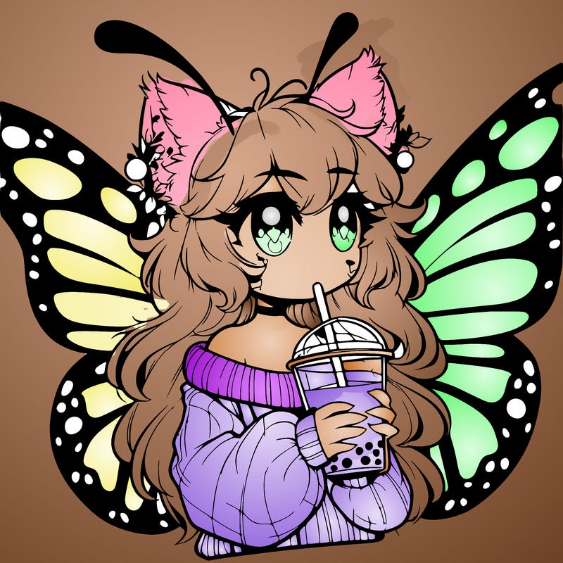 a realistic butterfly/furry girl drinking boba
