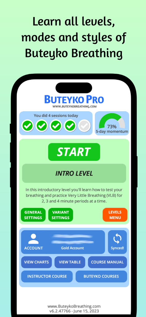 Buteyko Pro - Buteyko Pro mobile app interface showing breathing training levels and progress tracking dashboard