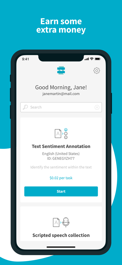 Neevo mobile app interface showing micro-tasks like text sentiment annotation and speech collection to earn extra money