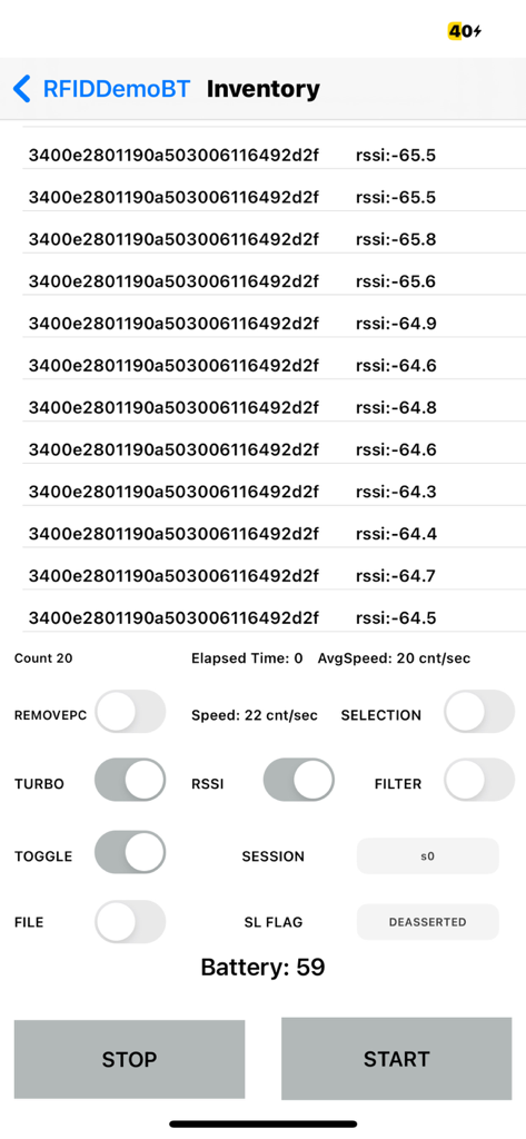 RFR901 APP - Capture d'écran de l'interface d'inventaire de l'application RFR901 montrant les codes hexadécimaux des étiquettes RFID, les valeurs RSSI et les commandes de numérisation.