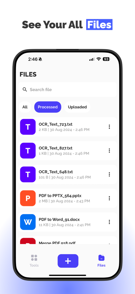 PDF to Document Convert - Interface showing a list of processed documents including word and powerpoint files in the pdf converter app