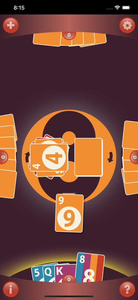 Crazy 8s+ - Screenshot in gioco di Crazy 8s plus che mostra il layout classico del gioco di carte e il tema arancione