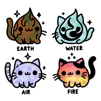 4 cats that represent the different elements, earth, water, air, and fire