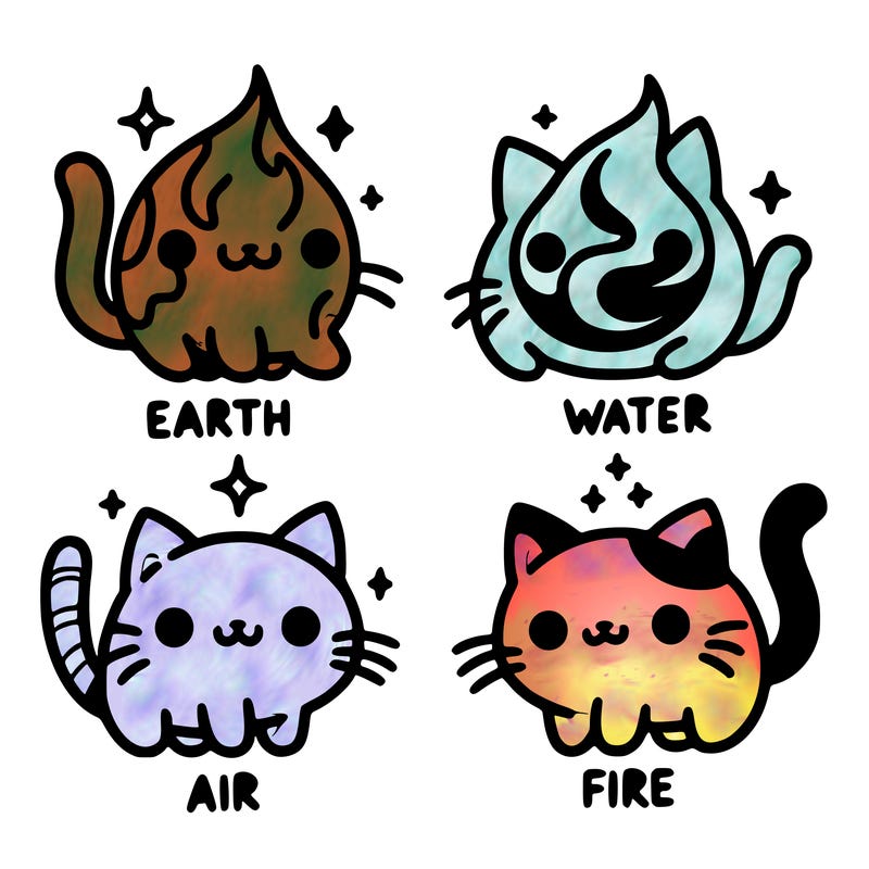 4 cats that represent the different elements, earth, water, air, and fire