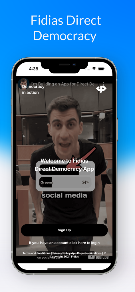 Fidias App - Fidias Direct Democracy 앱의 환영 화면에는 Fidias Panayiotou의 동영상과 가입 버튼이 표시됩니다.