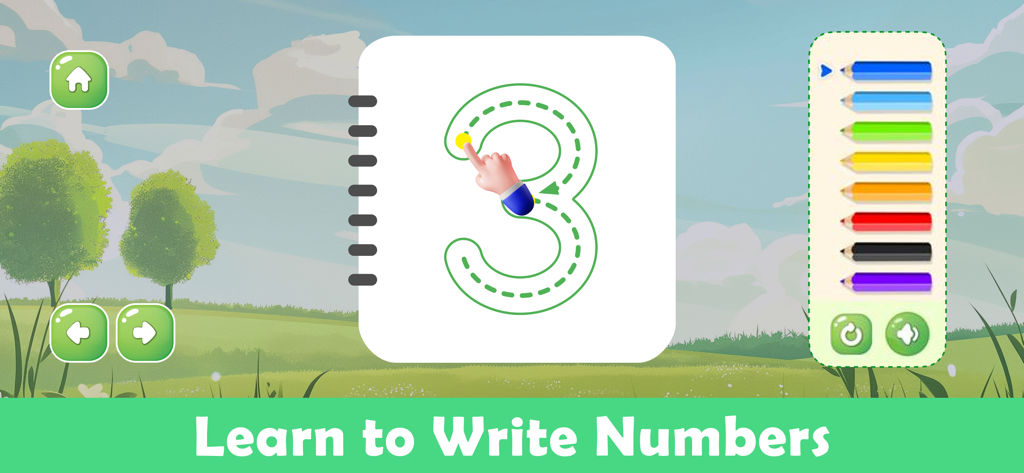 Kids educational app screen showing number three tracing activity with colored pencils