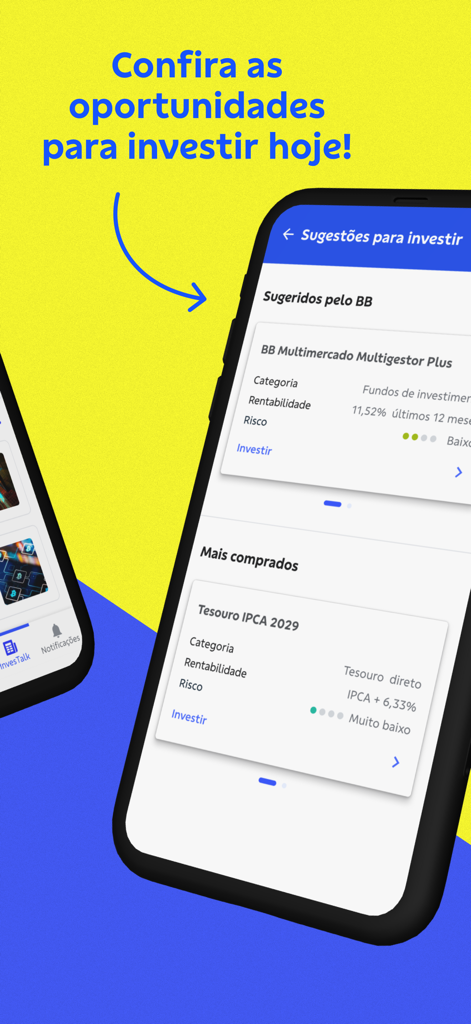 Investimentos BB Taxa Zero - Écran mobile de l'application Investimentos BB affichant des suggestions d'investissement personnalisées et des actifs populaires