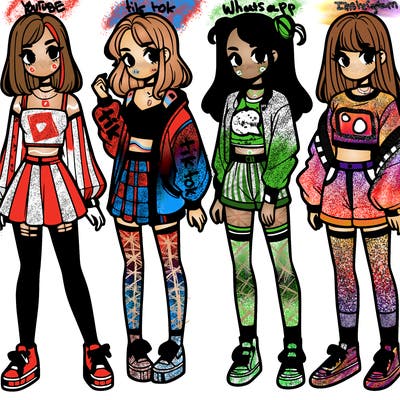 one girl with crop-top shirt and a jacket with a skirt, long socks and another girl with a shirt and pants with a jacket