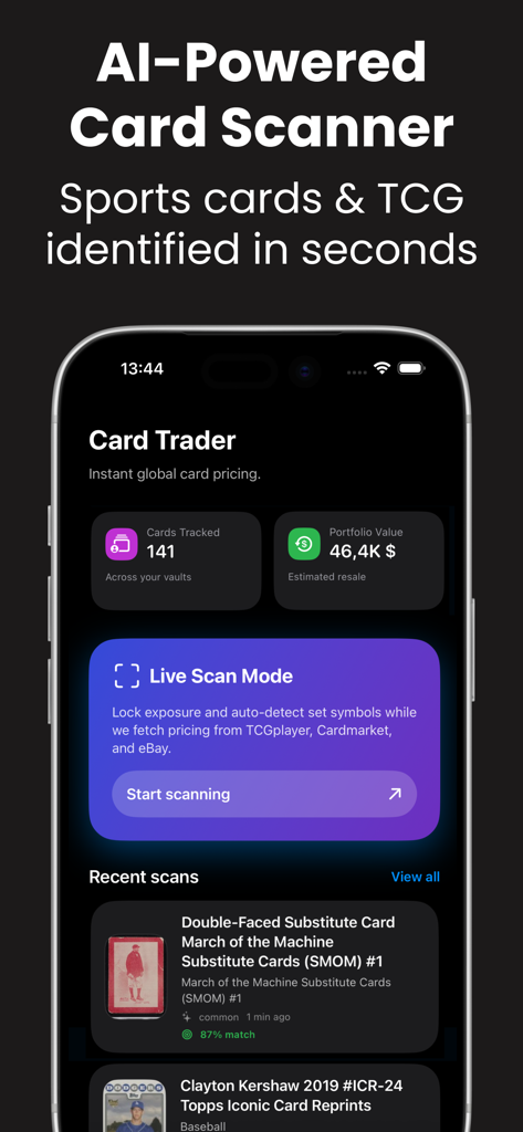 TCG Scan: Trading Card Scanner - TCG Scan mobile app showing cards tracked and portfolio value dashboard