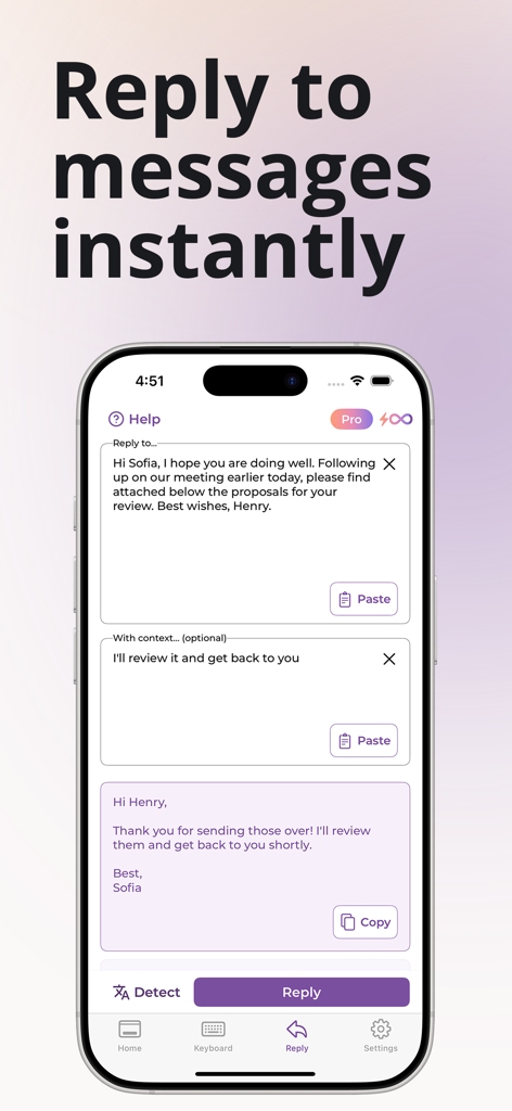 A smartphone showing the ParagraphAI app generating a professional email response automatically.