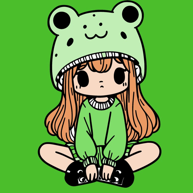 a girl wearing a frog hat and some frog socks
