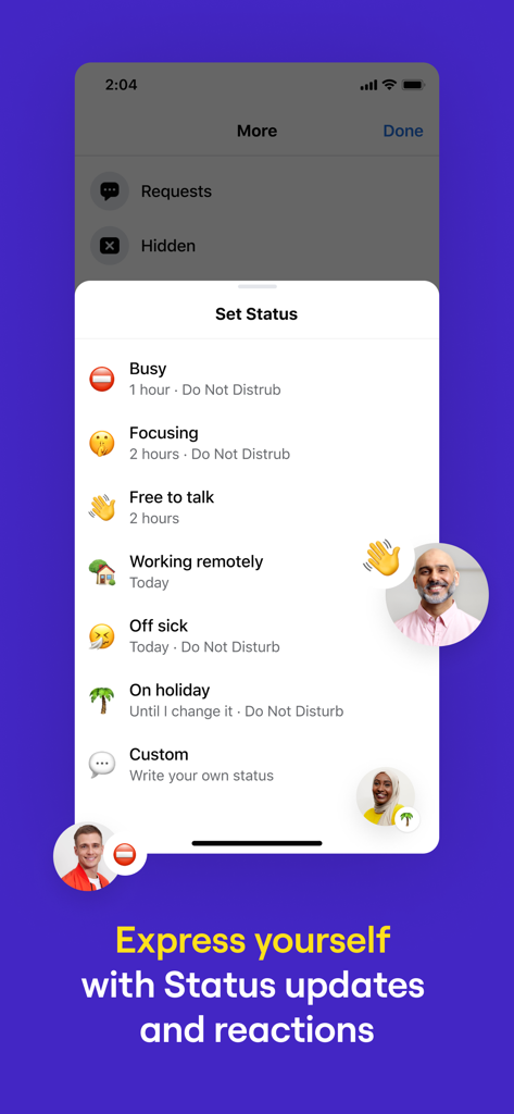 L'interface mobile de Workplace Chat affiche les options de mise à jour du statut, comme « occupé à se concentrer » et « en télétravail ».