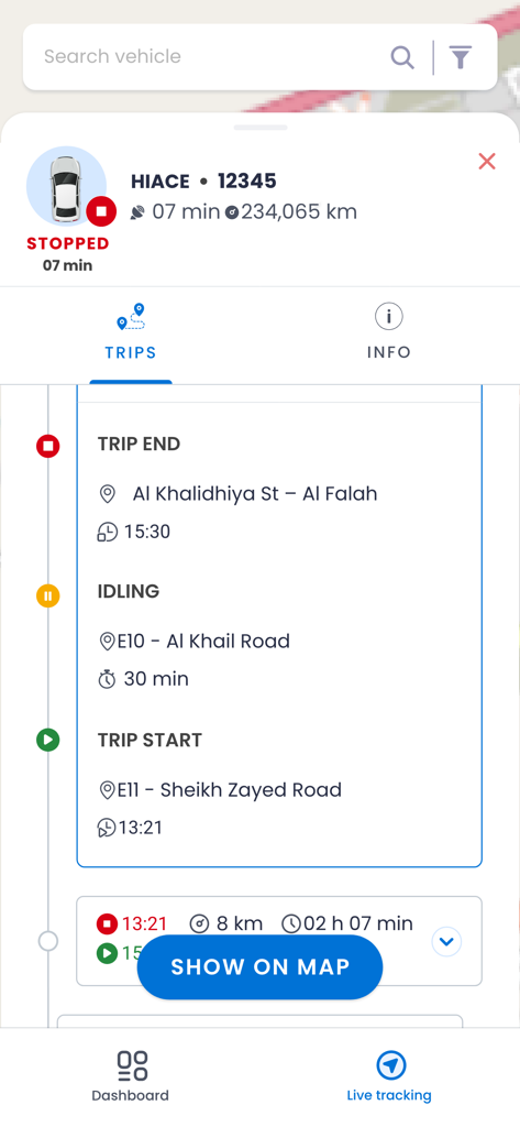 FAMS Mobile - Fleet Management - Fleet management app interface displaying detailed trip history and vehicle idling logs