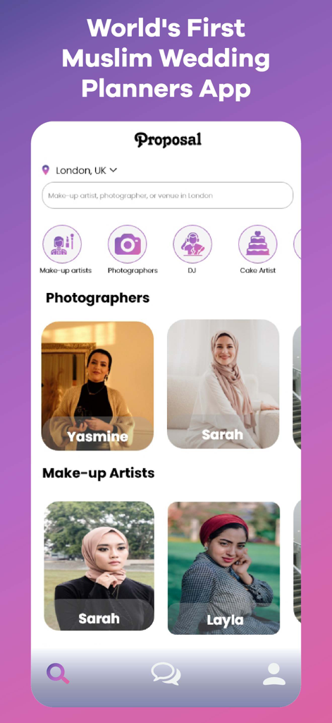 Proposal: Muslim Marriage - A mobile interface for the Proposal app showing Muslim wedding vendor categories such as photographers and makeup artists