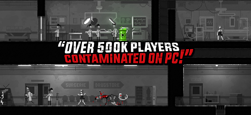 Zombie Night Terror - Escena pixel art del juego Zombie Night Terror con el texto que indica más de 500.000 jugadores contaminados en PC.