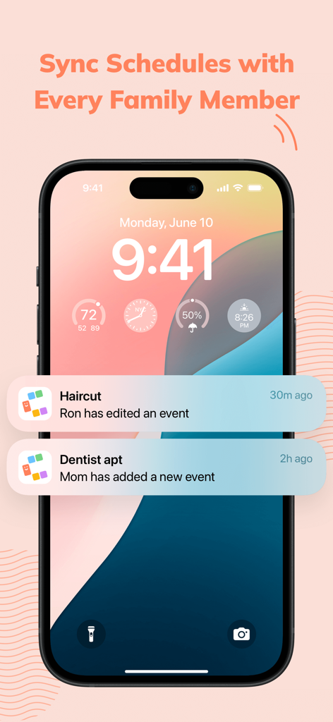 Cubbily: Family Calendar - Un écran de verrouillage d'iPhone affichant des notifications de l'application Cubbily pour des événements de calendrier familial partagés tels qu'une coupe de cheveux et un rendez-vous chez le dentiste.