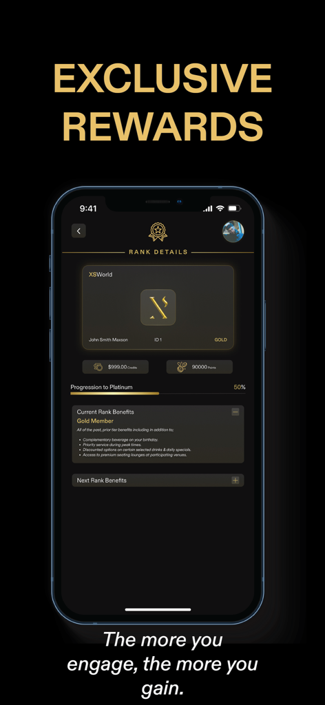 XS World - XS World app interface showing exclusive VIP membership rank details and gold status rewards.